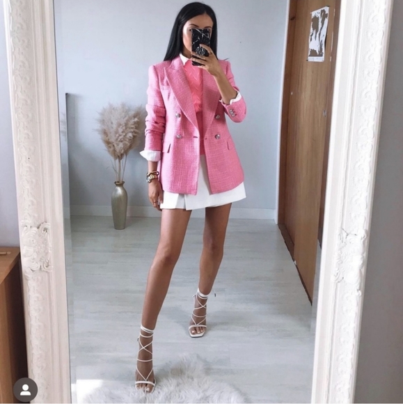 Zara Textured Tweed  Double Breasted  Blazer pink size S - Picture 10 of 17